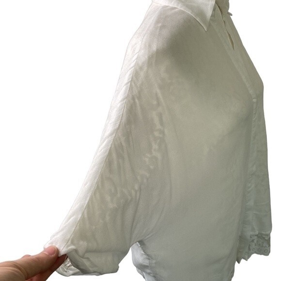 ST. STUDIO Georgette Covered Lace Badwing Button Up Cropped Shirt Short Sleeve - Picture 7 of 16